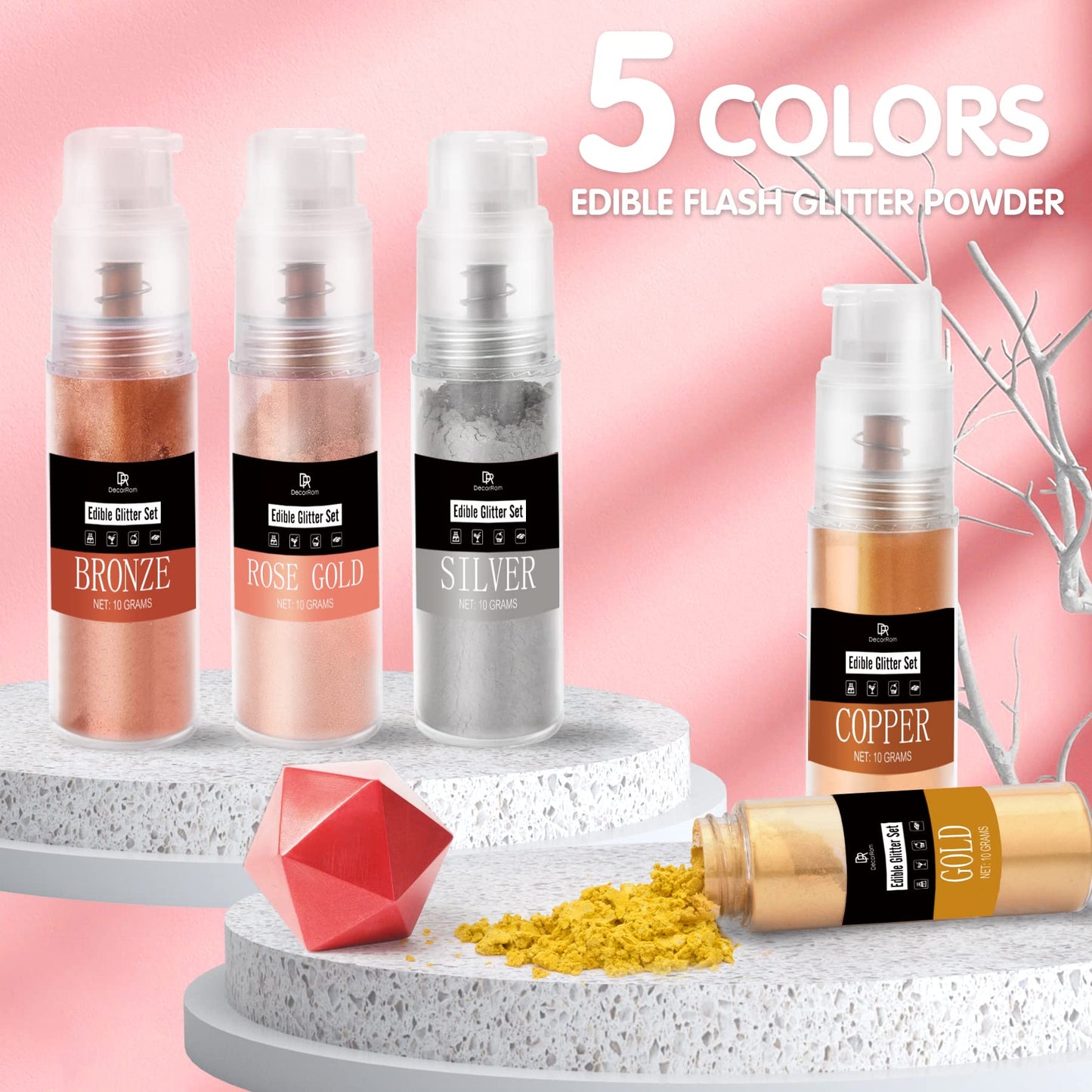 DecorRom Edible Glitter Spray - 10g Food Grade Luster Dust Powder for Cake Decorating, Baking, and Drinks - Gold