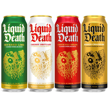 Liquid Death, Flavored Sparkling Water Variety Pack (Lime, Mango, Melon, And Cherry), 12-Pack (King Size 19.2Oz Cans), Flavored