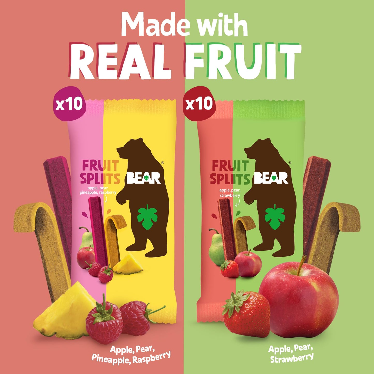BEAR Real Fruit Snack Splits - Gluten Free, Vegan, and Non-GMO - Variety Pack (Apple/Strawberry, Raspberry/Pineapple)- Healthy S