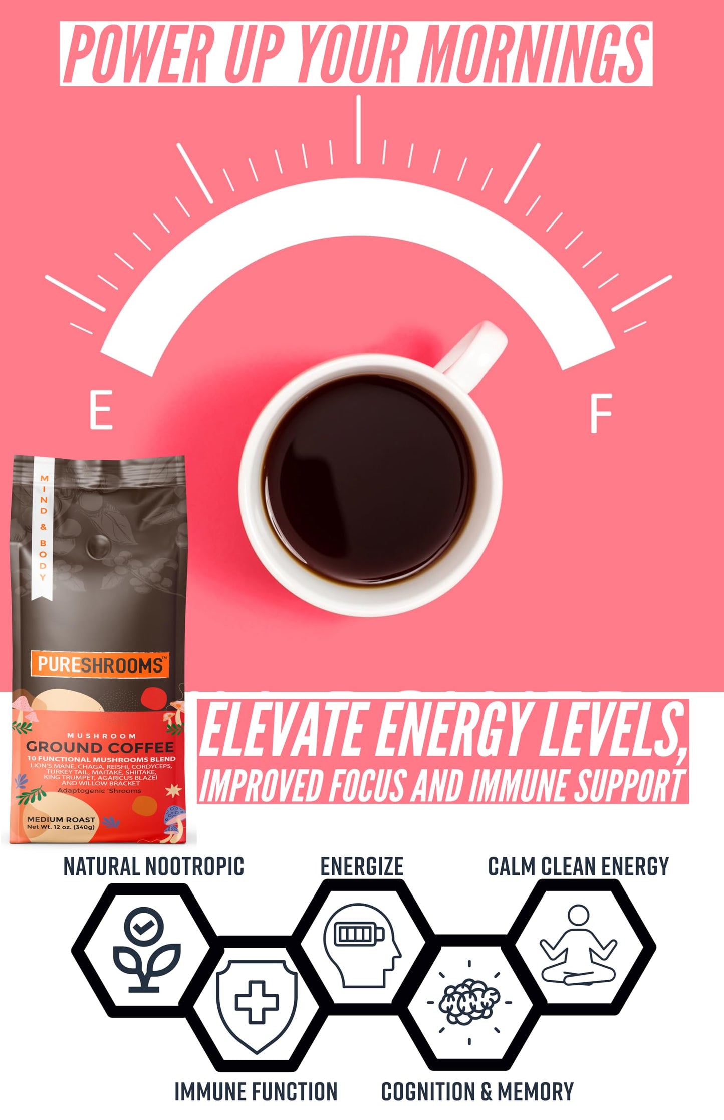 Mushroom Ground Coffee W/ 10 Organic Mushroom Extracts - King Trumpet, Agaricus Blazei, Willow Bracket, Lion'S Mane, Chaga, Reis