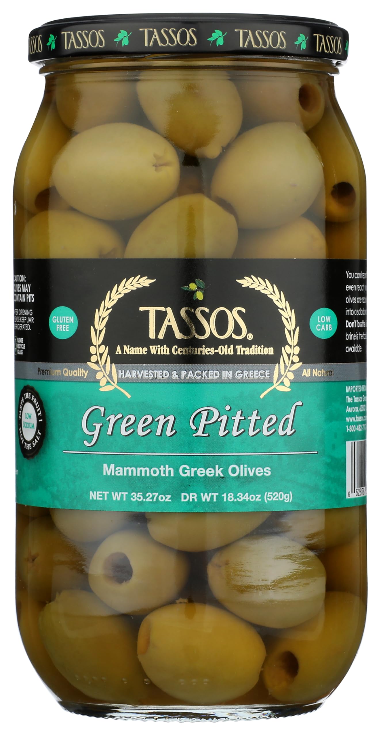 Tassos Green Pitted Mammoth Greek Olives (35.27oz) 1 Liter Jar