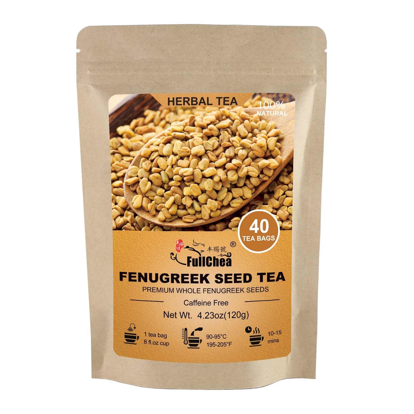 FullChea Fenugreek Seed Tea Bags - Non-GMO, Caffeine-Free, 40 Count, 3g/bag - Supports Digestion