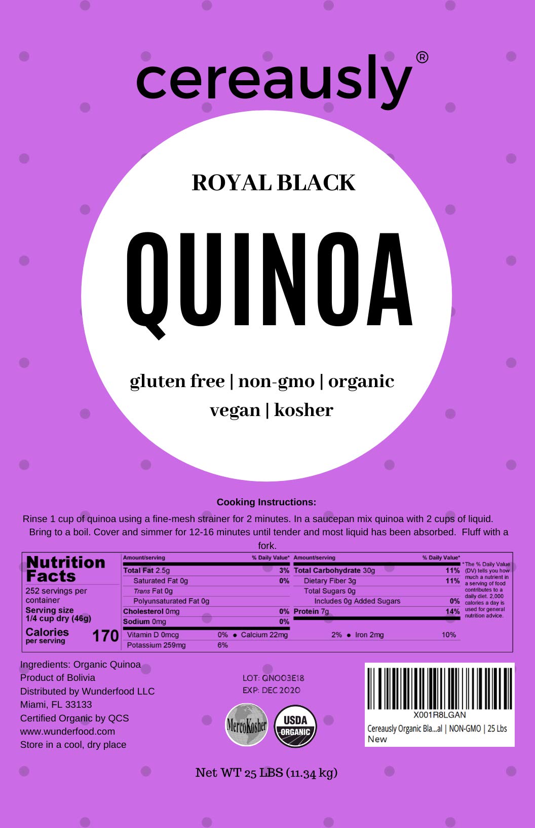 Cereausly Organic Black Quinoa - Non-GMO, Vegan, Gluten-Free - 25 LB Bulk Pack