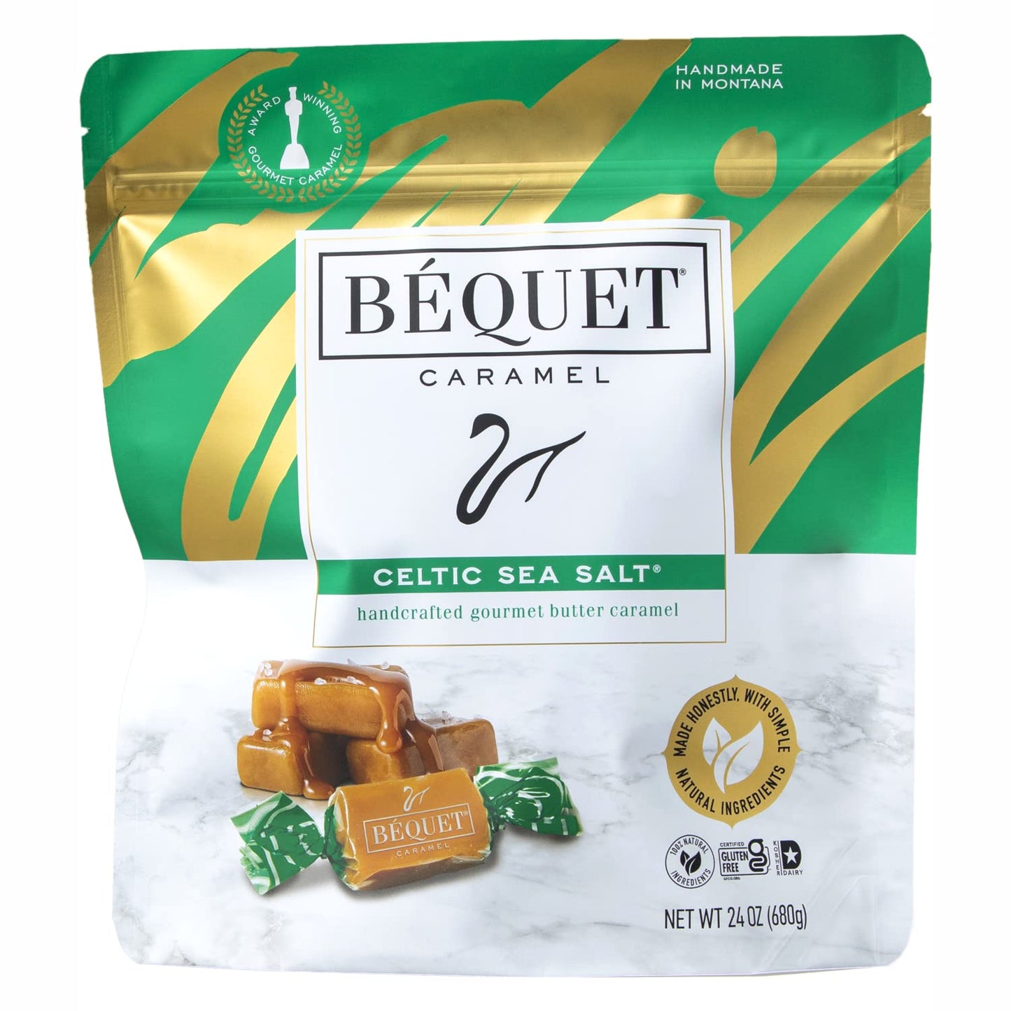 Béquet Gourmet Salted Caramel Candy - Celtic Sea Salt, 24oz Resealable Pouch - Kosher, Gluten Free