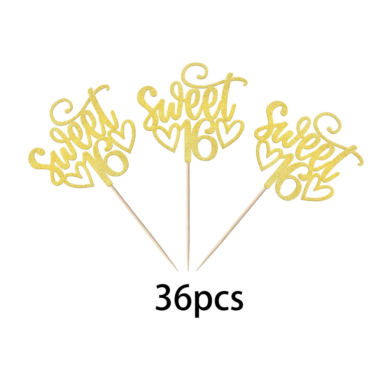 YCTHUNFISH 24 Pack Cupcake Toppers Glitter for 16th Birthday, Bamboo Material, Gold Color