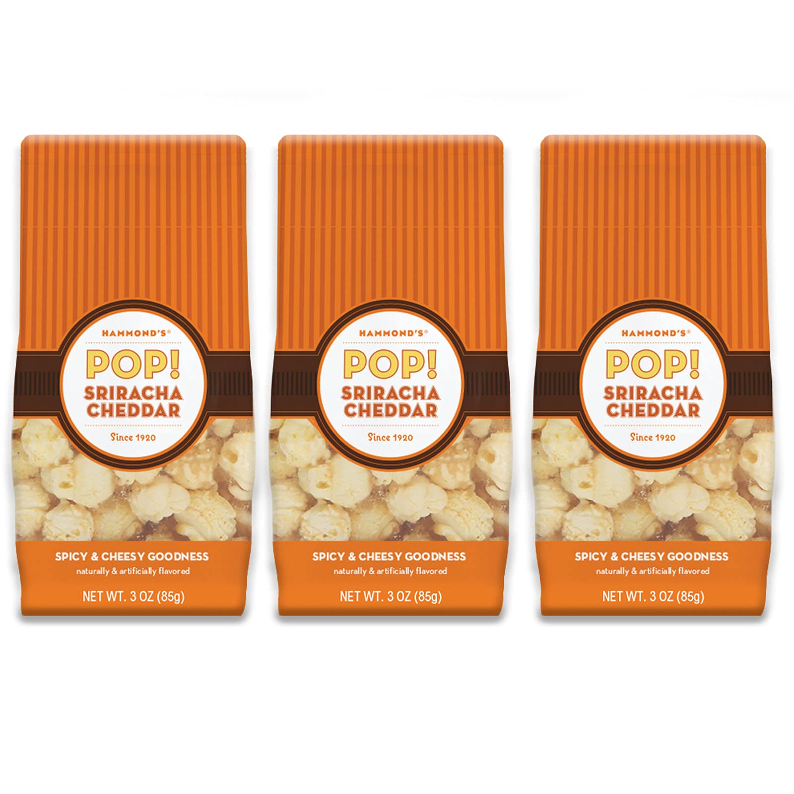 Hammond's Candies | Gourmet Sriracha Cheddar Popcorn | 3 Bags, Great for Snacking | Small Batches Popped to Perfection | Handcra