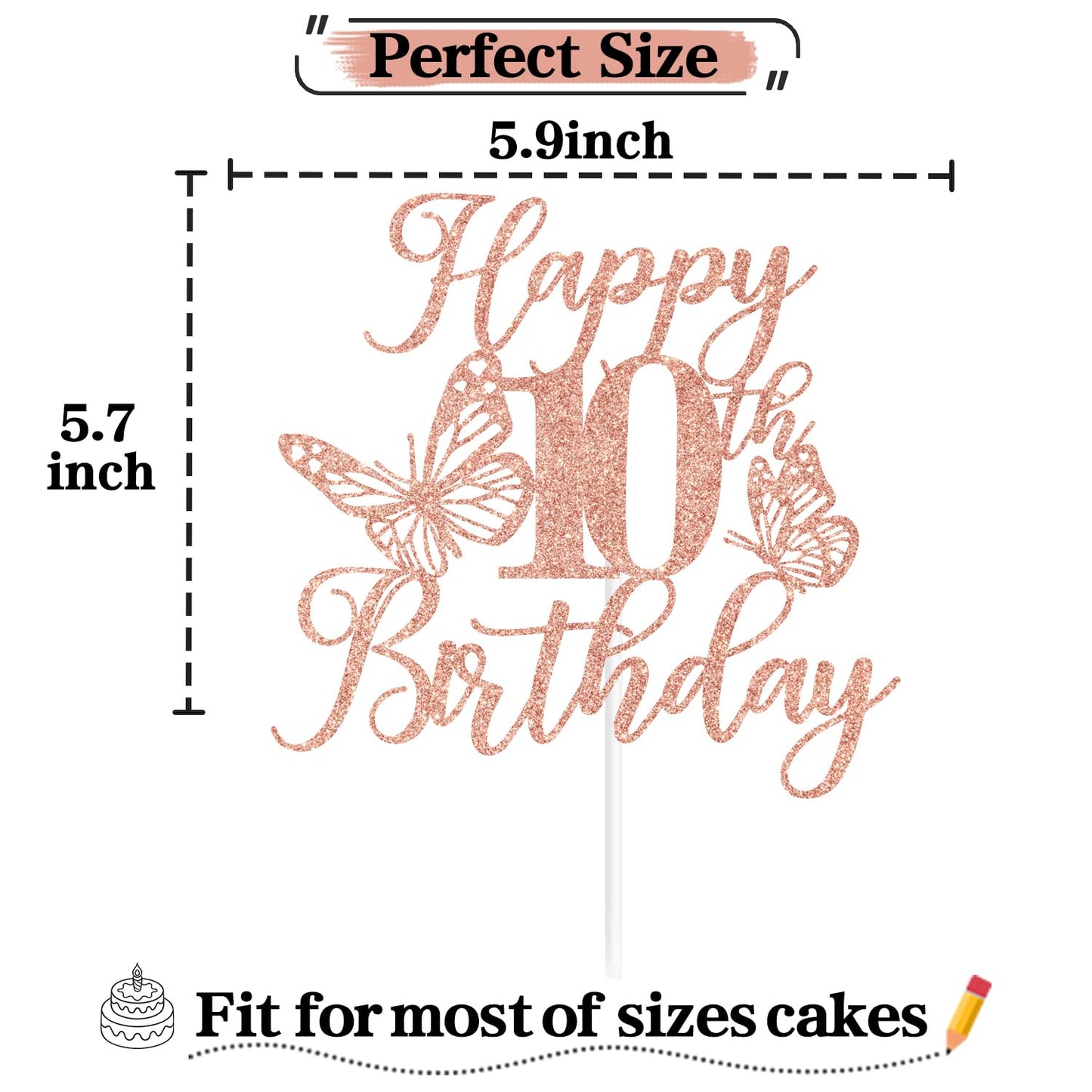 Rose Gold Glitter Happy 10Th Birthday Cake Topper, Butterfly Happy 10Th Birthday/Cheers To 10 Years, Butterfly Themed 10Th Birth