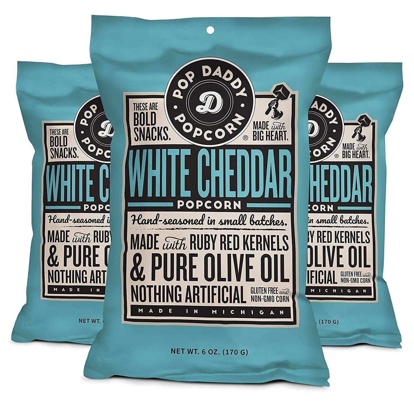 POP DADDY Gourmet White Cheddar Popped Popcorn, Gluten Free, 6oz Individual Bags, 3 Pack