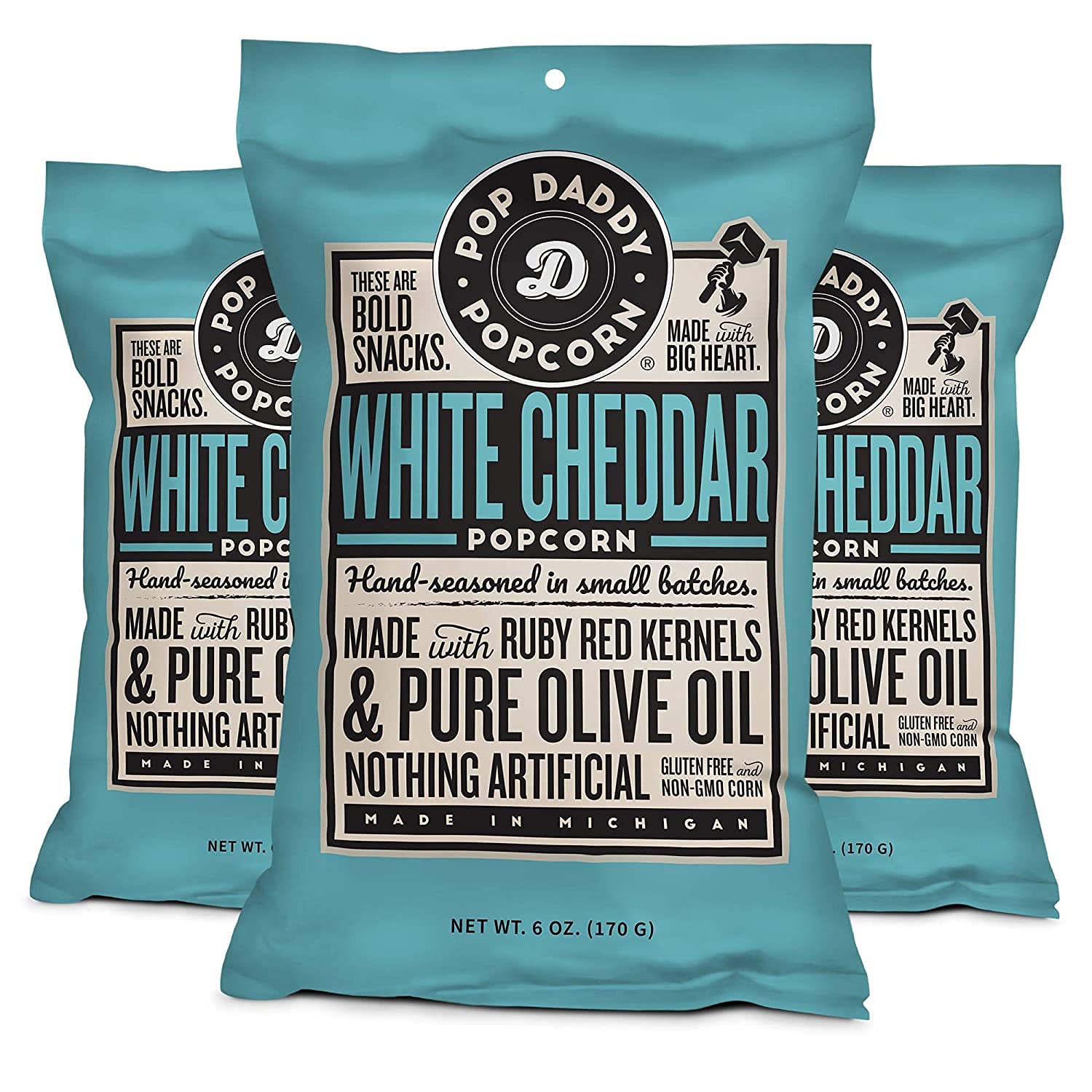 POP DADDY Gourmet White Cheddar Popped Popcorn, Gluten Free, 6oz Individual Bags, 3 Pack