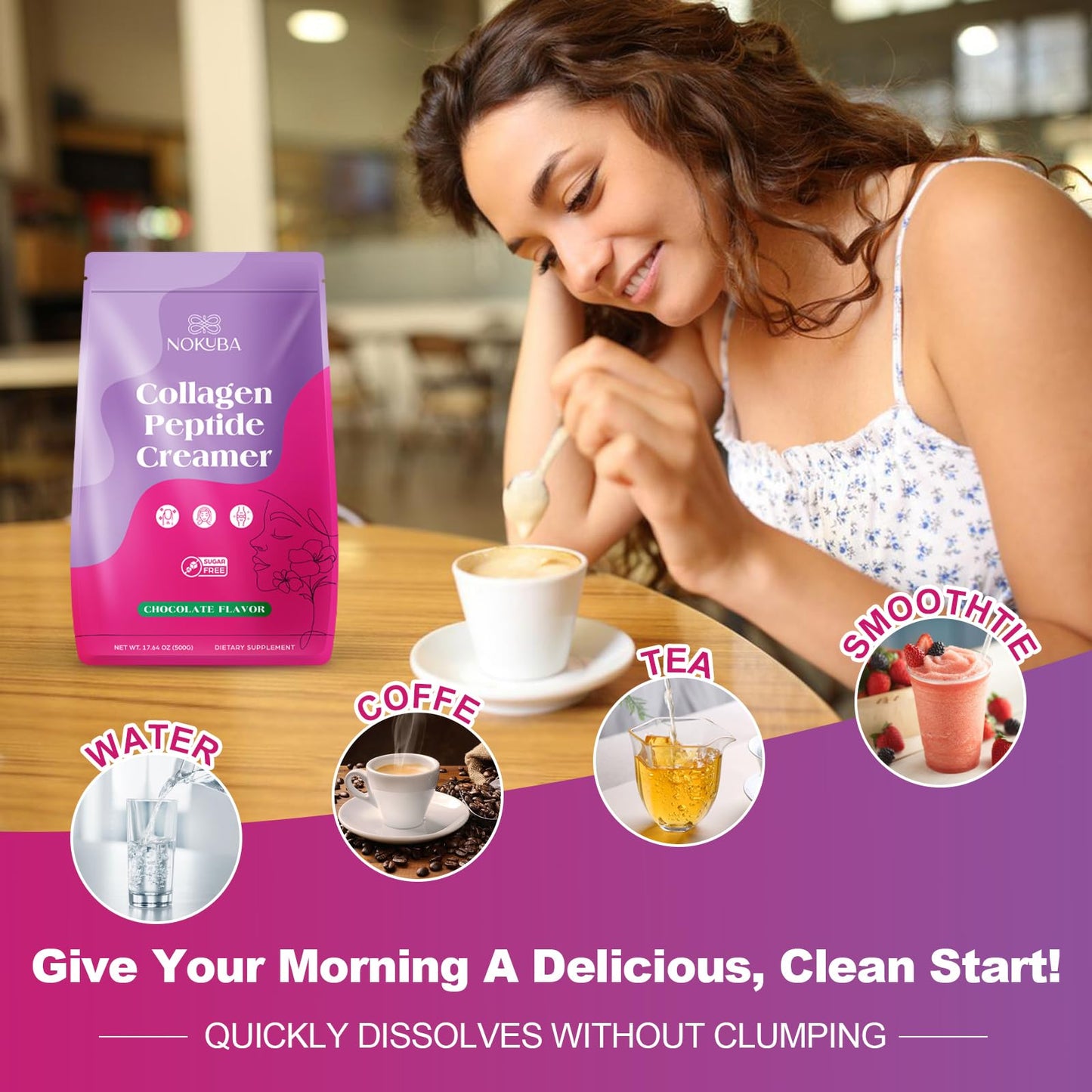 Nokuba Collagen Peptides Creamer Protein Coffee Powder  Marine Collagen with Coconut Mct  Hyaluronic Acid  Vitamin C & Probiotics for Hair Skin & Nails  Non Dairy  Chocolate Flavor  500g (20 Servings)