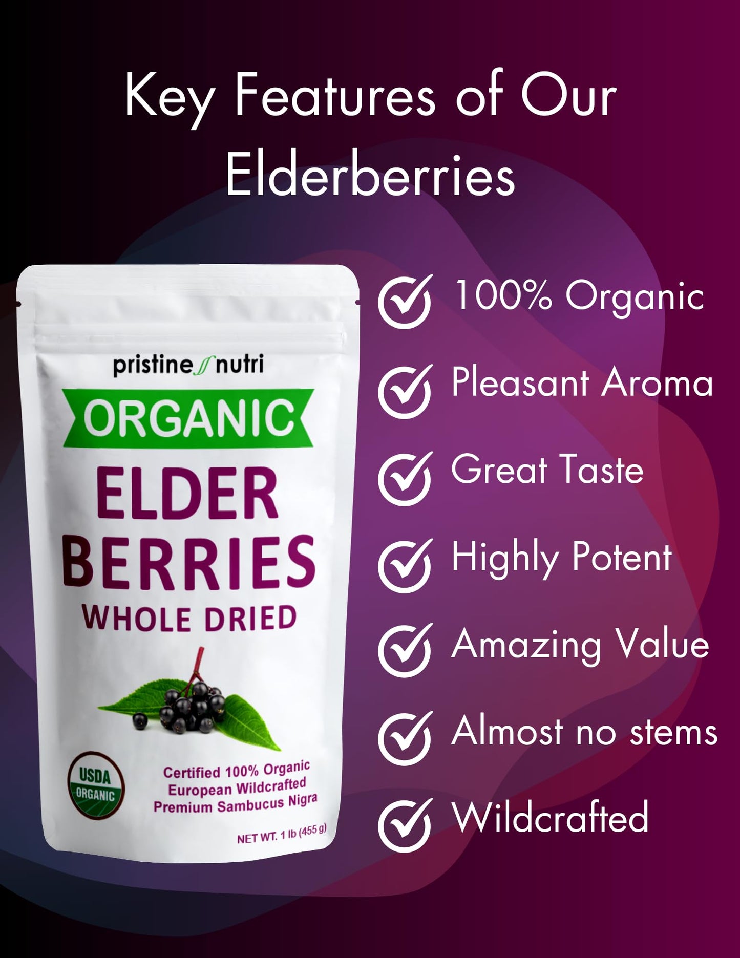 Pristine Nutri Organic Dried Elderberries | Non-GMO, Wildcrafted | 16 oz