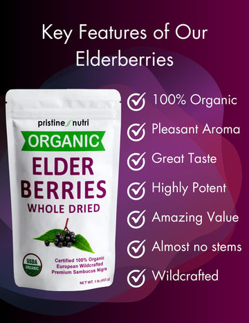 Pristine Nutri Organic Dried Elderberries | Non-GMO, Wildcrafted | 16 oz