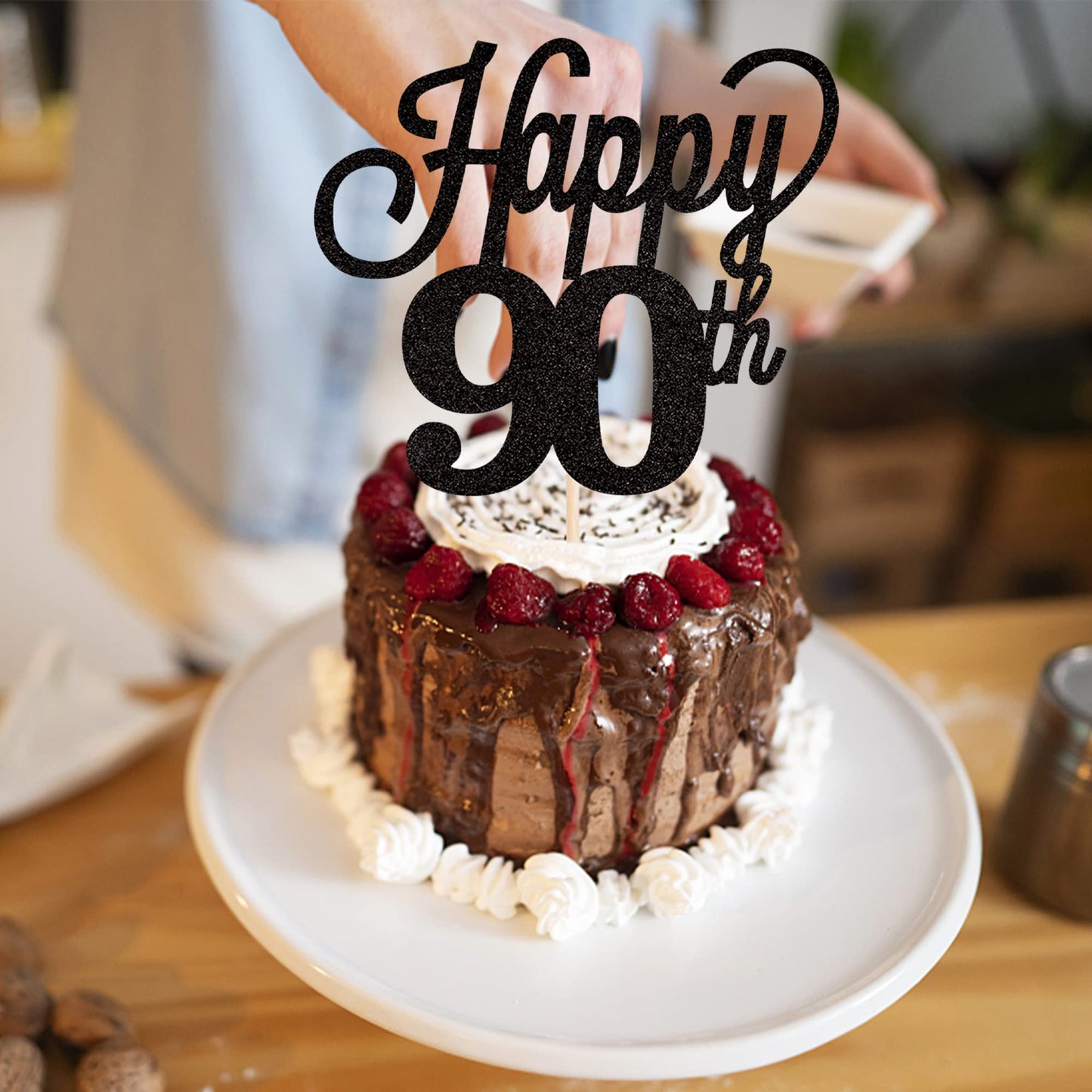 YCTHUNFISH 90th Birthday Cake Topper Black Glitter Bamboo Decoration for 90th Anniversary Party Supplies