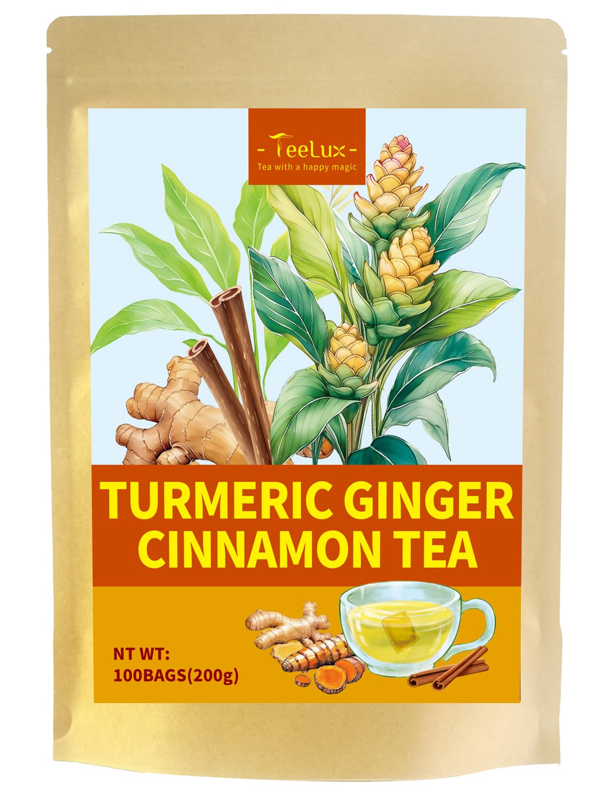TeeLux Turmeric Ginger Cinnamon Tea - Caffeine Free Herbal Tea, 100 Count, Spicy & Sweet Flavor