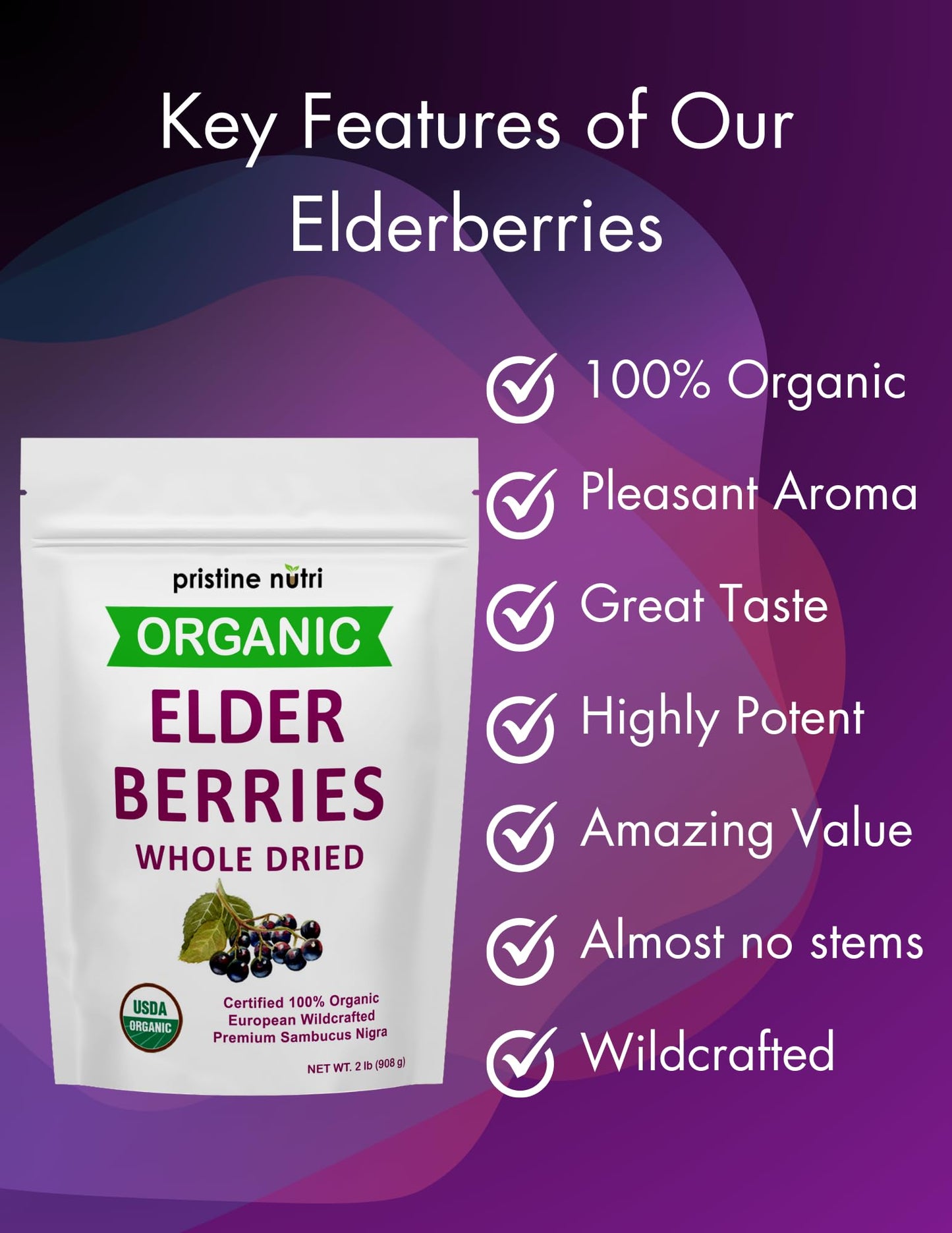 Pristine Nutri Organic Dried Elderberries | Non-GMO, Wildcrafted | 32 oz Bulk | Immunity Booster