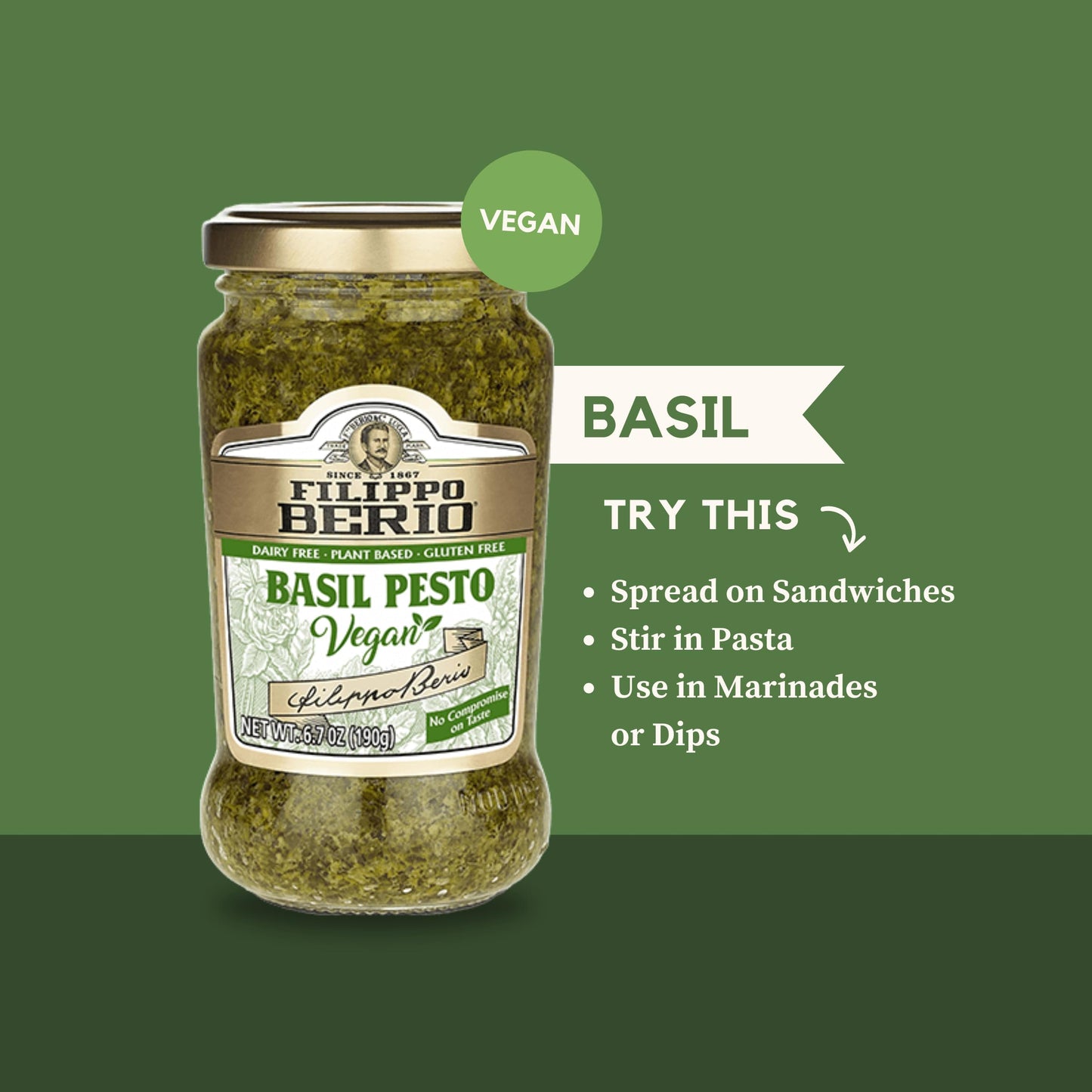 Filippo Berio Pesto, Vegan Basil, 6.7 Ounce Glass Jar, Pack of 6