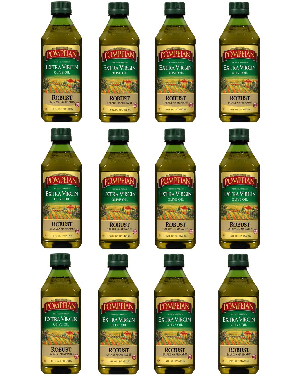 Pompeian 00008 Robust 16 Fl.Oz Extra Virgin Olive Oil, First Cold Pressed, Full-Bodied Flavor, Perfect For Salad Dressings And Marinades, Gluten Free, Non-Allergenic, Non-Gmo, Pack Of 12