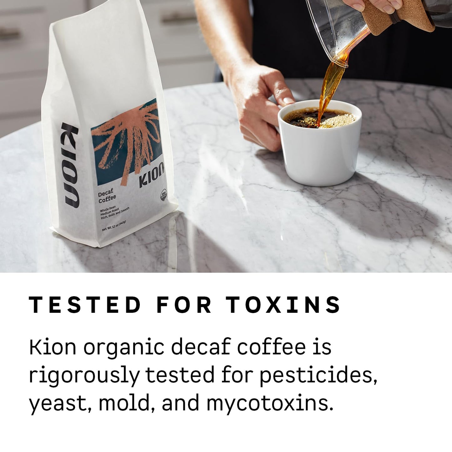 Kion Organic Decaf Whole Bean Coffee  Tested for Toxins  Ethically Sourced  Rich  Bold  and Smooth  Medium Roast 12 Oz (1 Pack)
