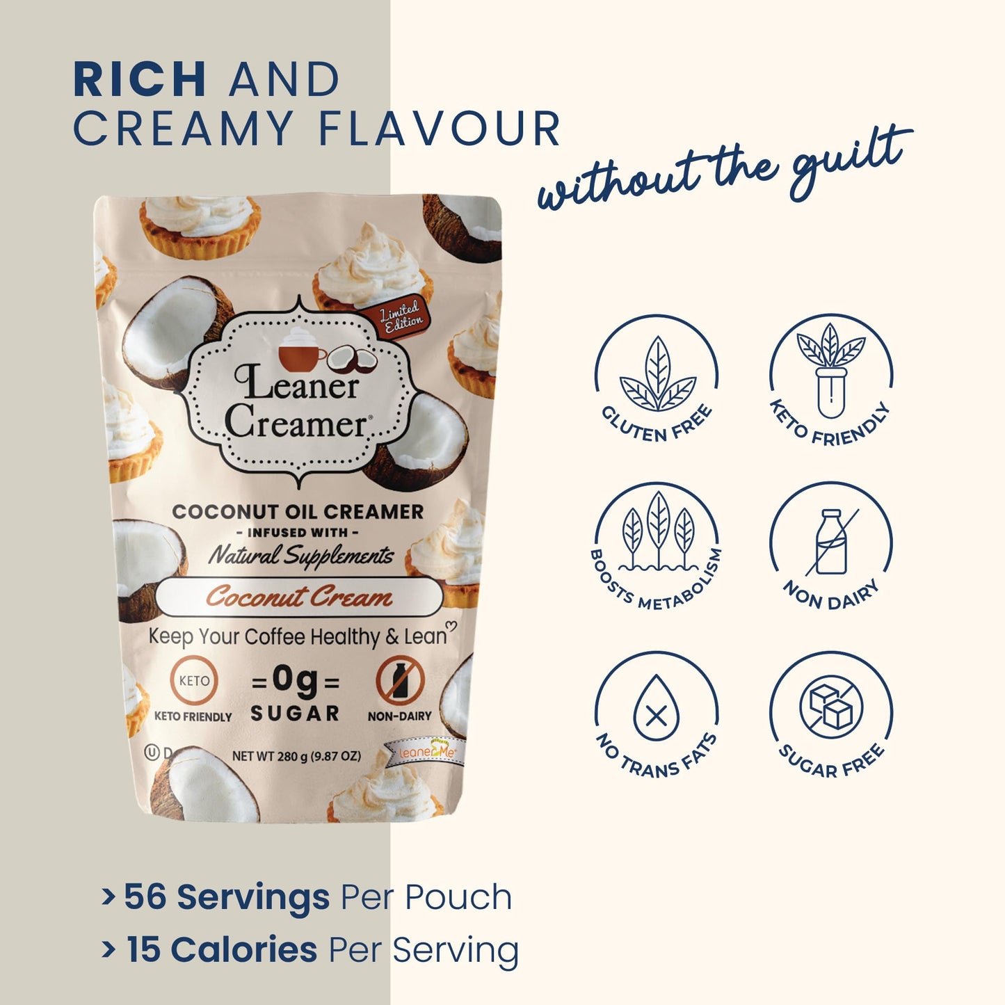 Leaner Creamer Coconut Creamer - Non-Dairy, Sugar-Free, Keto, Gluten-Free - 9.87 Oz