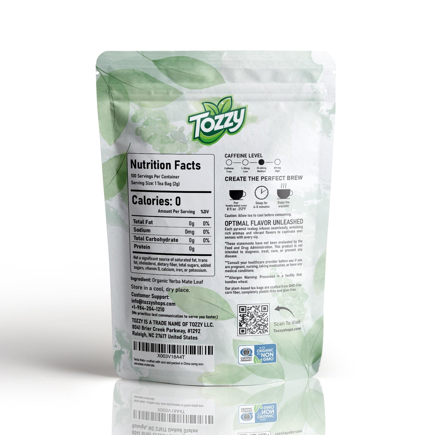 Tozzy Organic Yerba Mate Tea  Unsmoked - 100 Count  Plant-Based Pyramid Tea Bags