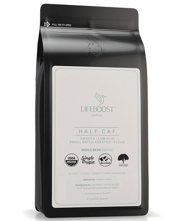 Lifeboost Coffee Half Caff Whole Bean Coffee - Low Acid Single Origin Usda Organic Coffee - Non-Gmo Whole Bean Coffee Third Part