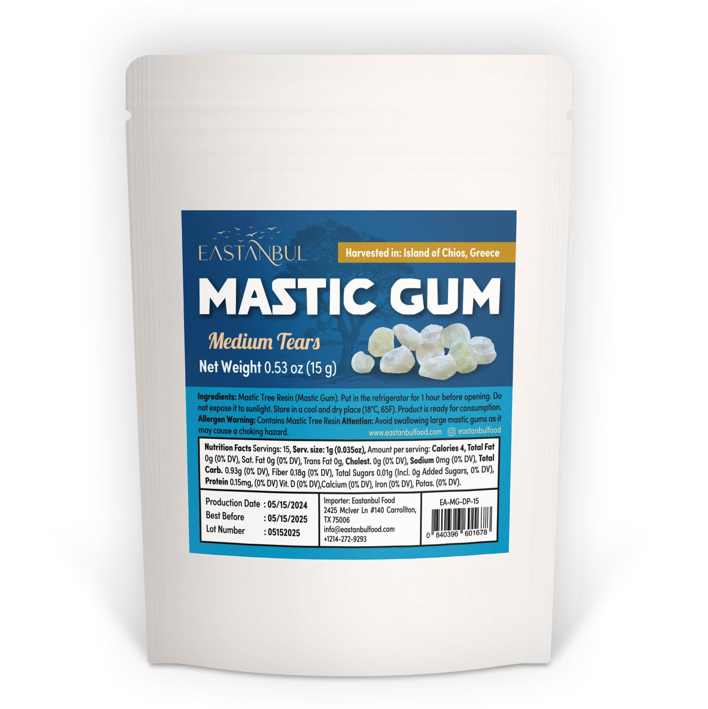 Eastanbul Mastic Gum, Vegan Chewing Gum for Jawline, 0.53oz (15g), Resealable Bag, Medium Natural Tears, Non-GMO, White