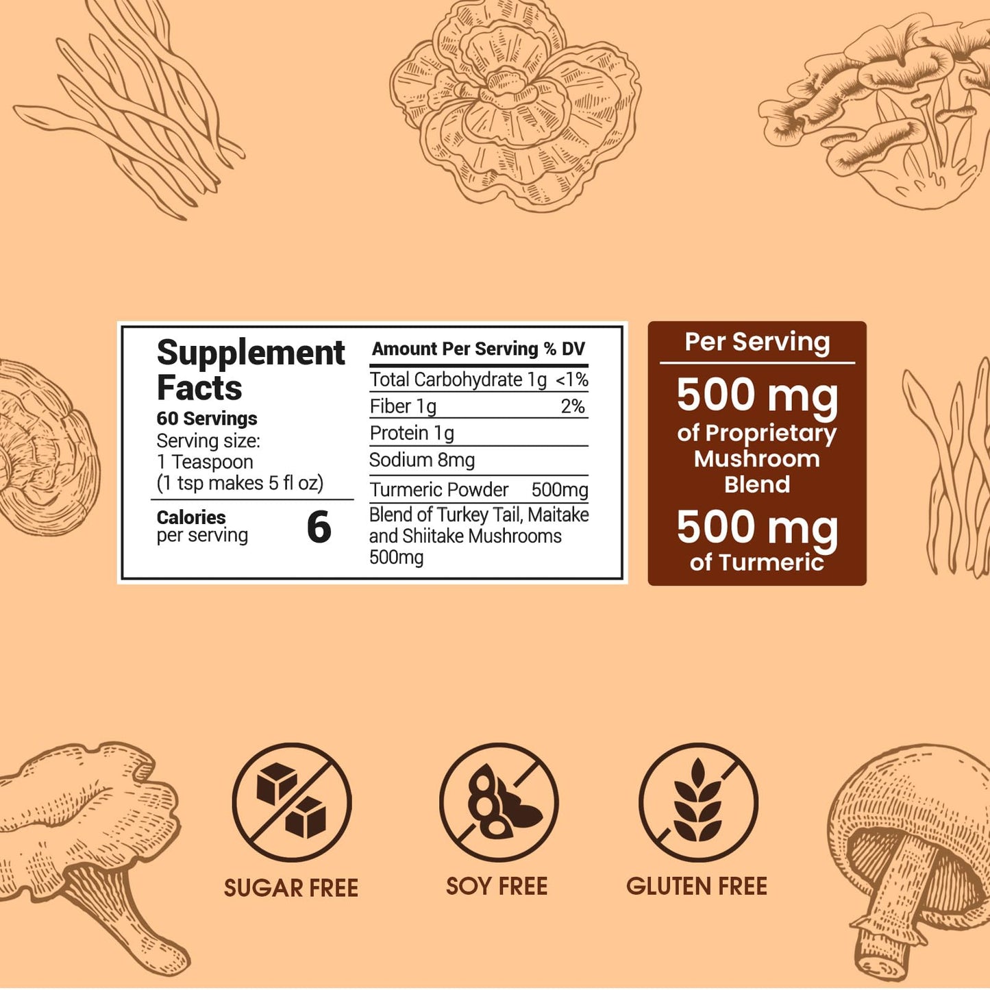 Skinny Instant Mushroom Coffee (60 Servings) Mental Focus Plus Diet Support - Turkey Tail, Maitake, Shiitake & Turmeric, Mixed W