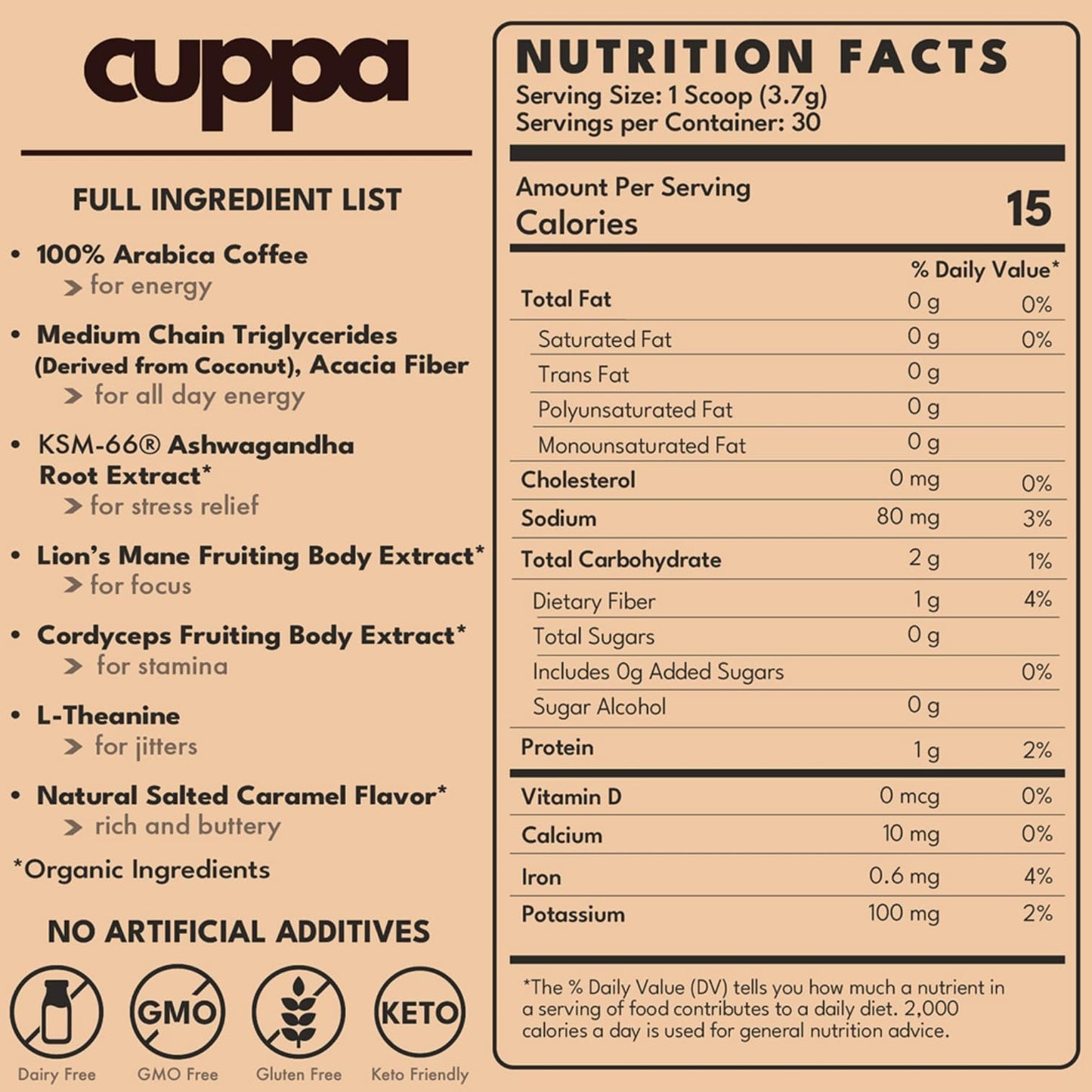 Cuppa Salted Caramel Healthy Mushroom Insant Coffee with Lions Mane & Ashwagandha for All Day Energy & Focus - No Crash or Jitters - Nootropics for Brain Health  Gut Health  Immunity  Stress  Memory + Mood - 60 Servings