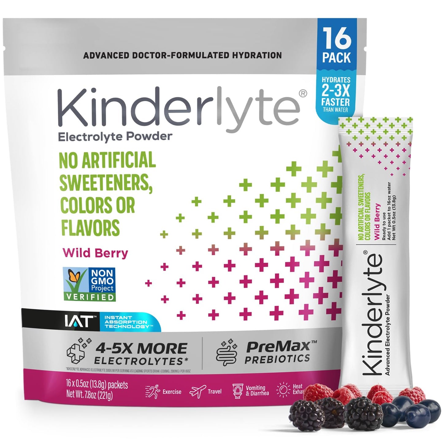 Kinderlyte Advanced Electrolyte Powder for Kids and Adults - Drink Mix Hydration Packets (Wild Berry, 16 Count), with PreMax Pre