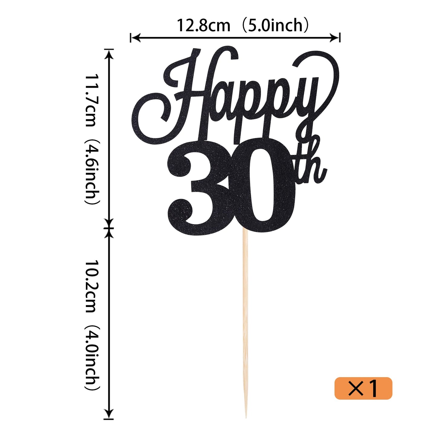YCTHUNFISH 30th Birthday Cake Topper Black Glitter Paper Decoration Small