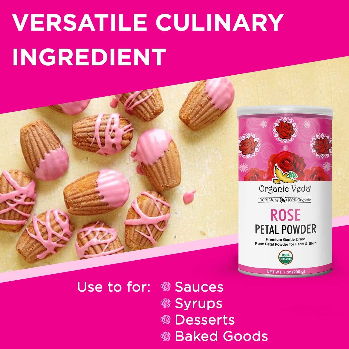 Organic Veda Edible Rose Petal Powder - 16oz - Vegan, Gluten-Free, for Cooking, Herbal Tea, Smoothies, DIY Face Masks