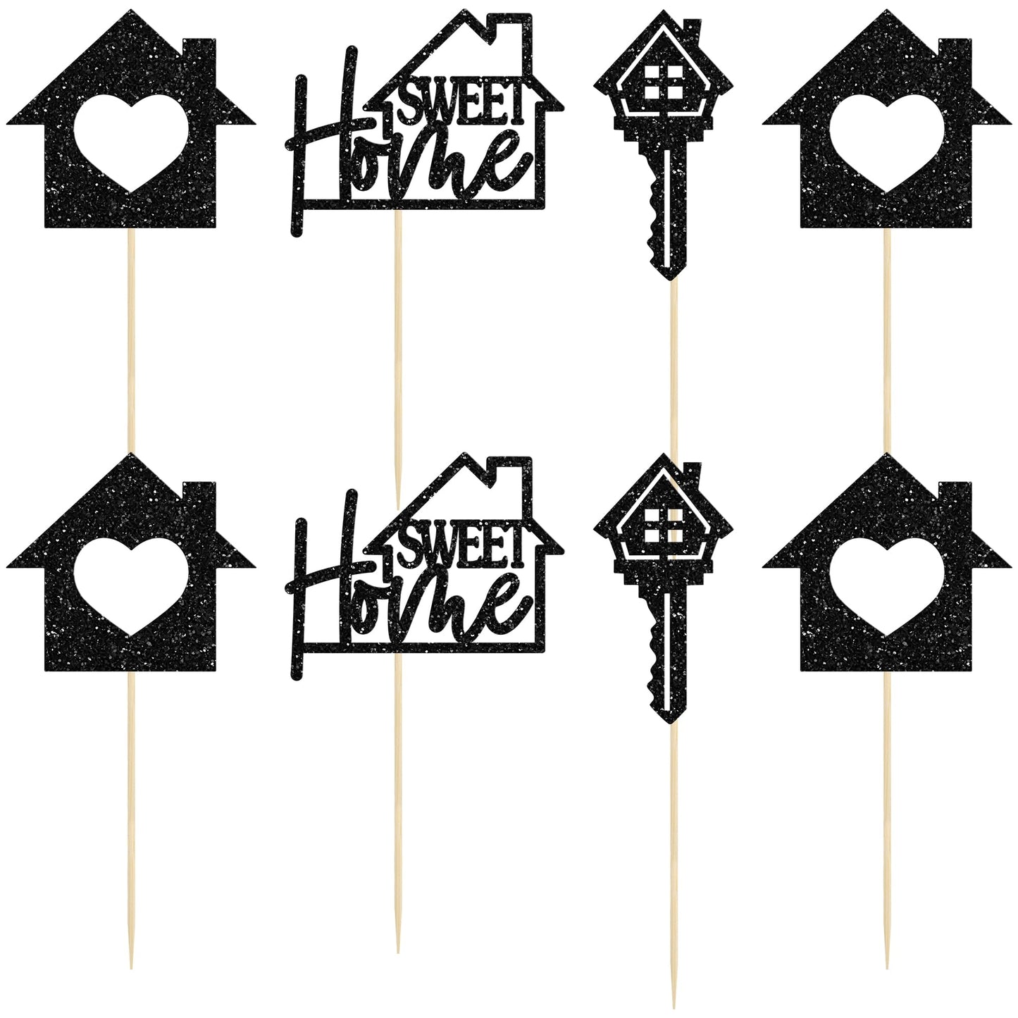 Gyufise Cupcake Toppers, 24 Pack, Glitter Key Housewarming Picks, 2.6x5.1 inches, Black, Paper