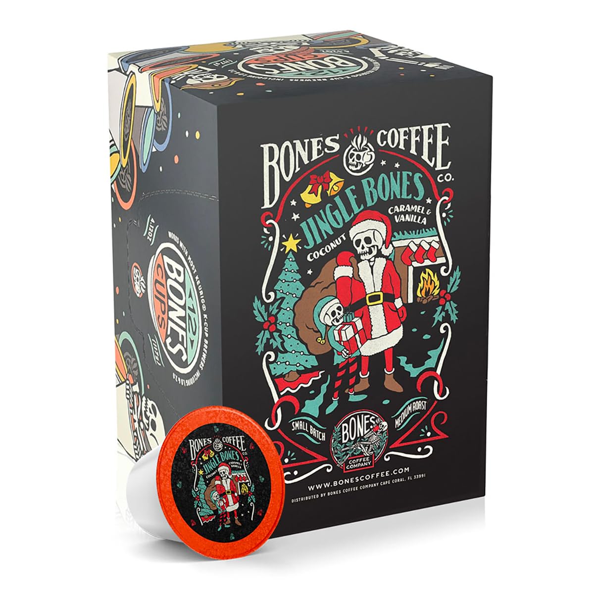 Bones Coffee Company Jingle Bones  Caramel Vanilla Coconut Flavored Coffee Pods  Low Acid Medium Roast Single-Serve Bones Cups  Compatible with 1.0 & 2.0 K-Cups malt-inspired Coffee Maker  12 Count