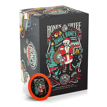 Bones Coffee Company Jingle Bones  Caramel Vanilla Coconut Flavored Coffee Pods  Low Acid Medium Roast Single-Serve Bones Cups  Compatible with 1.0 & 2.0 K-Cups malt-inspired Coffee Maker  12 Count