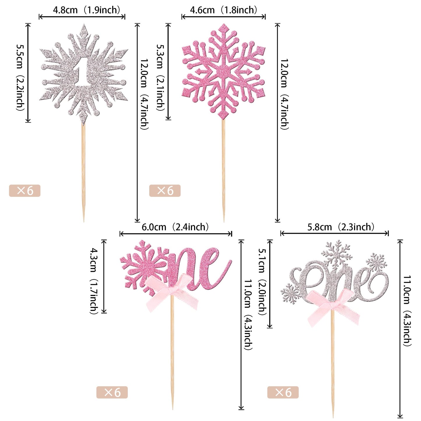 24 Pcs Snowflake 1St Birthday Cupcake Toppers Glitter Bow First Birthday Snowflake One Cupcake Picks For Winter Onederland Theme