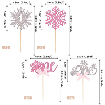 24 Pcs Snowflake 1St Birthday Cupcake Toppers Glitter Bow First Birthday Snowflake One Cupcake Picks For Winter Onederland Theme