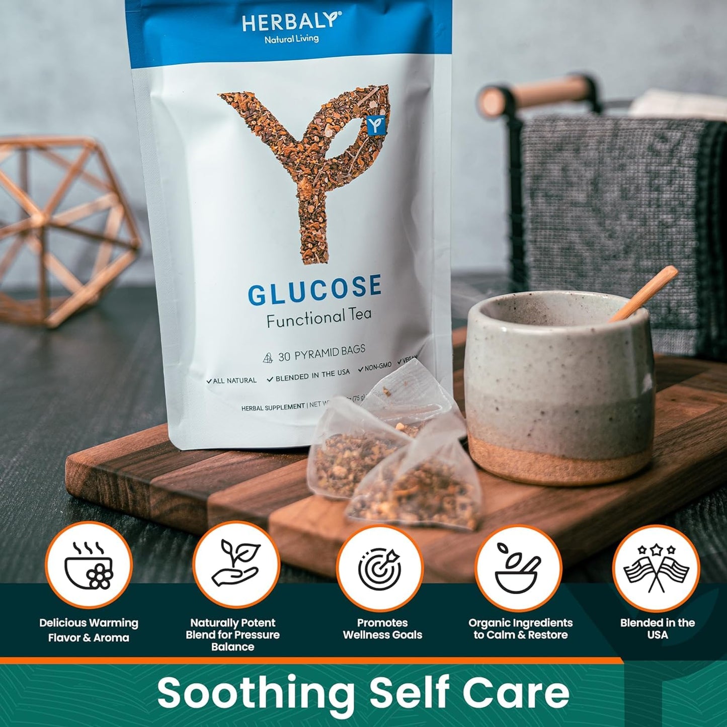 HERBALY Glucose Functional Tea - Organic Plant-Based Tea Bag Pyramids - 30 Count - Gymnema Sylvestre, Ceylon Cinnamon, Bitter Melon