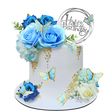 19 Pcs Flower Cake Toppers Butterfly Happy Birthday Cake Decorations With Artificial Blue Rose Flowers Eucalyptus Butterflies Fo