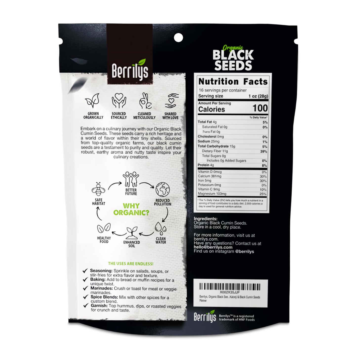 Berrilys Black Cumin Seeds - Usda Organic Nigella Sativa, Kalonji, Great For Use As Herbs, Seasoning, Baking, Cooking - Versatil