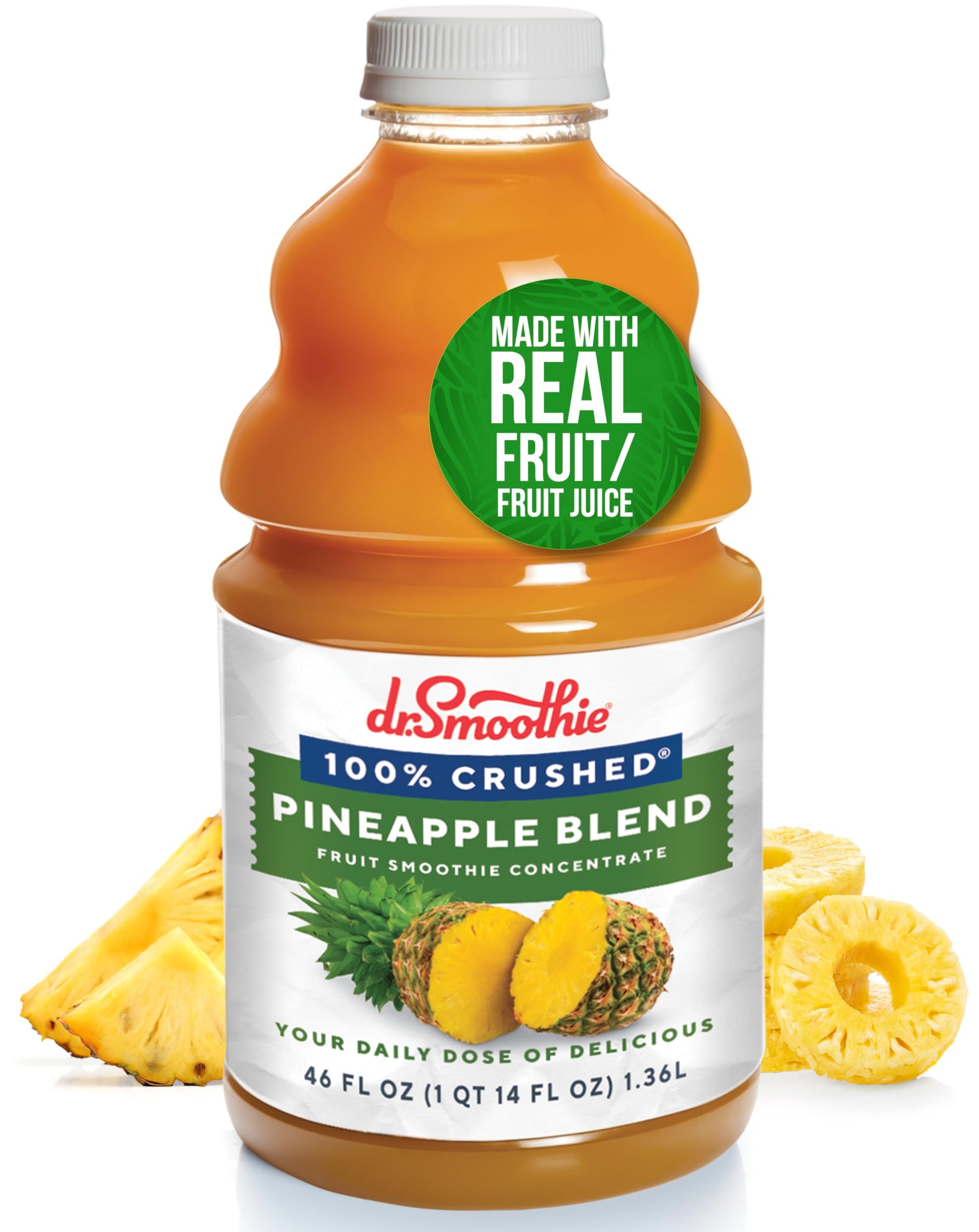 Dr. Smoothie 100% Crushed Pineapple Blend – No Added Sugar, Made With Real Fruits/Fruit Juice – Vegan, No Artificial Colors Or Flavors – Tropical Pineapple, Banana, Hint Of Coconut – 46 Oz Bottle