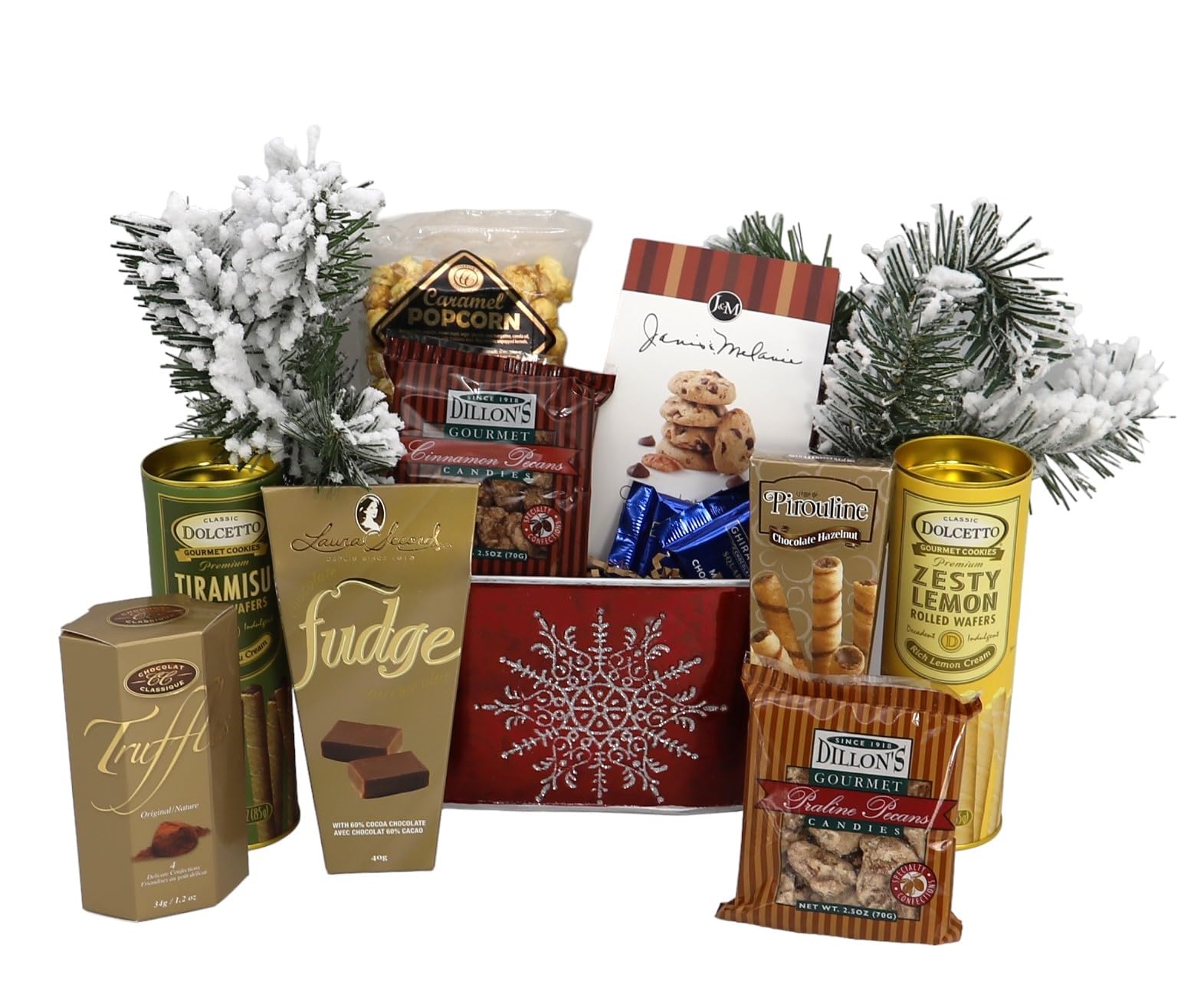 Gift Basket Village Christmas Elegance Gift Basket: Gourmet Wafers  Fudge  Popcorn  Pecan Candies  Cookies & Chocolates  Perfect Holiday Treat  11X4X9   2.19 Lbs
