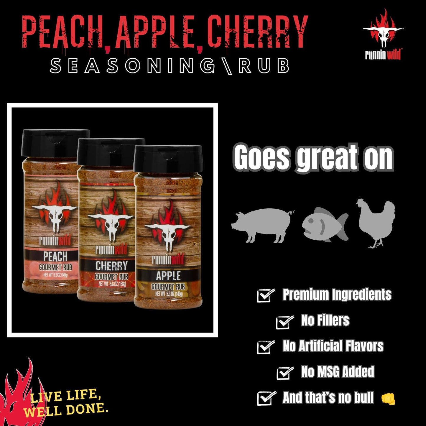 RunninWild BBQ Rub Gift Set – Fruit-Infused Peach, Apple & Cherry Rubs, 5.37 Ounce (Pack of 3) for Grill Lovers and Pitmasters