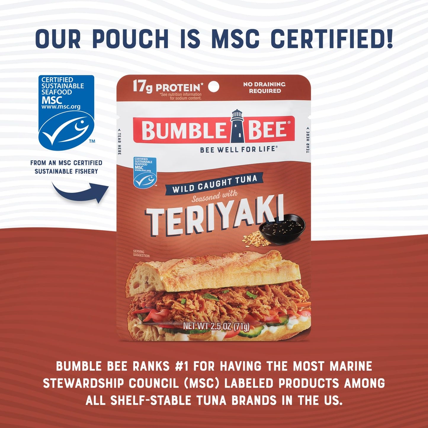 Bumble Bee Teriyaki Seasoned Tuna Pouches, 2.5 oz, Pack of 12, Wild Caught, 17g Protein per Serving