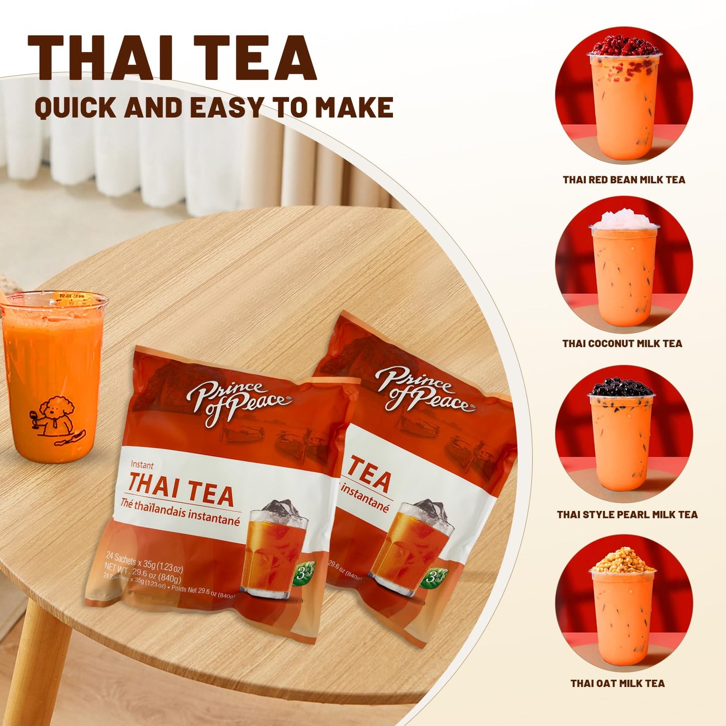 Prince Of Peace 3 In 1 Instant Thai Tea Beverage, 24 Sachets Value Size - Instant Hot Or Cold Beverage - Easy To Brew - Made Wit
