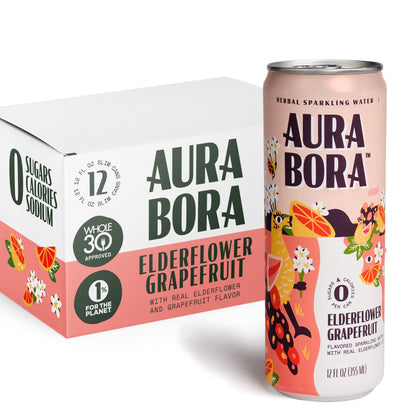 Aura Bora, Grapefruit Elderflower Herbal Sparkling Water, 12 oz Can (Pack of 12), 0 Calories, 0 Sugar, 0 Sodium, Non-GMO