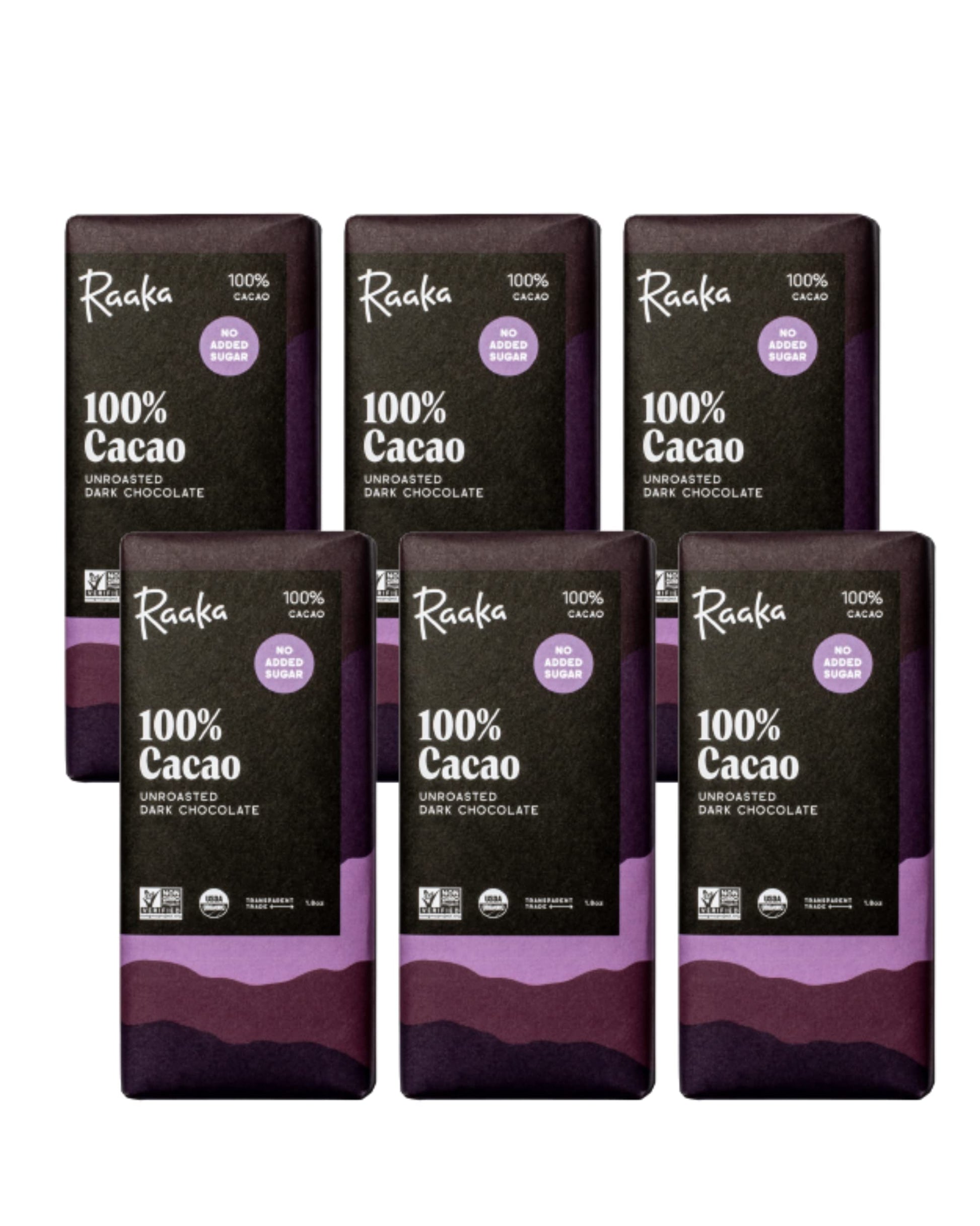 Raaka 100% Dark Chocolate Bars - Unsweetened  Bitter  Sugar Free  Pure Cacao - Organic  Vegan  Soy Free  Gluten Free  Kosher  Keto  Nut Free - 1.8Oz 100% Chocolate Bars  6-Pack