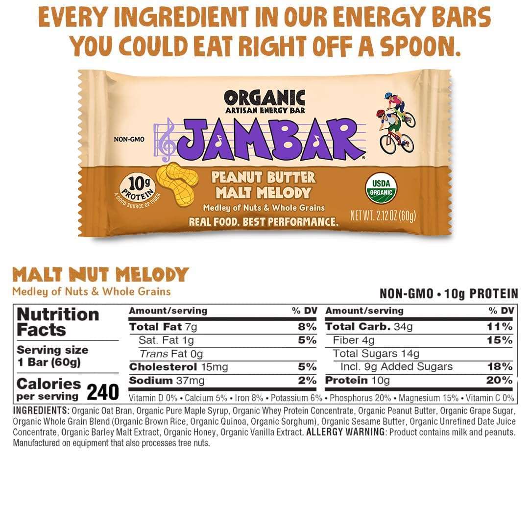 JAMBAR Organic Artisan Energy Bar - Malt Nut Melody - 12 Pack - 2.12 Ounce