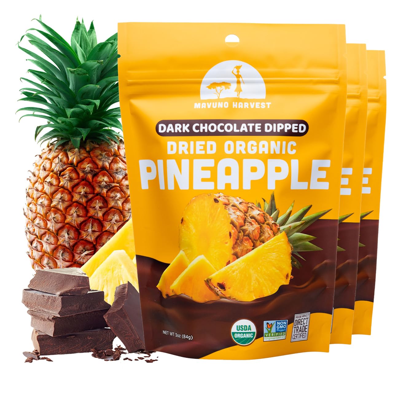 Mavuno Harvest Organic Chocolate Covered Pineapple - Vegan Snack - 3 Ounce (Pack of 3) - Non-GMO, Fair Trade Chocolate Treat
