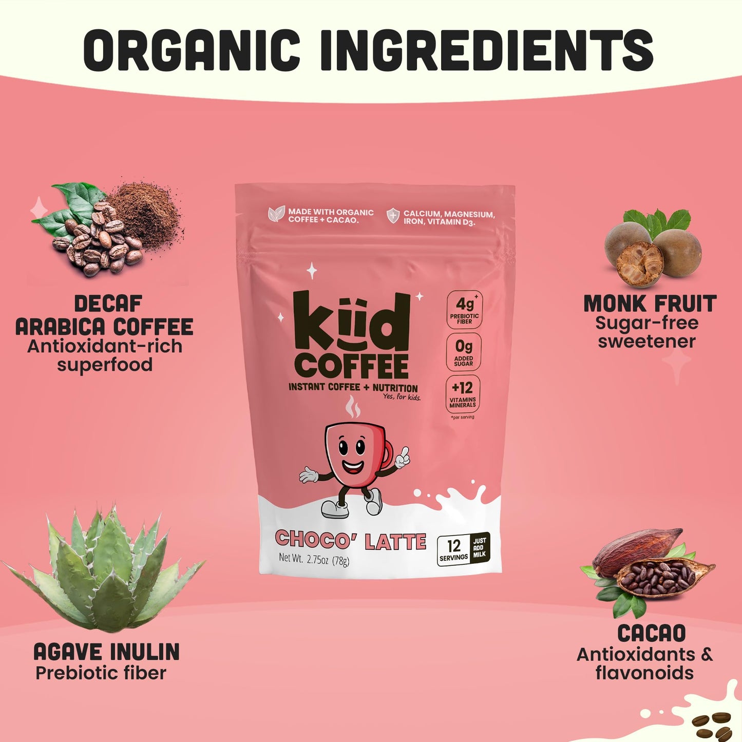 Kiid Coffee - Organic Caffeine-Free Coffee for Kids - 12 Vitamins & Minerals, 4g Prebiotics - 12 Servings - Non-GMO, Gluten-Free