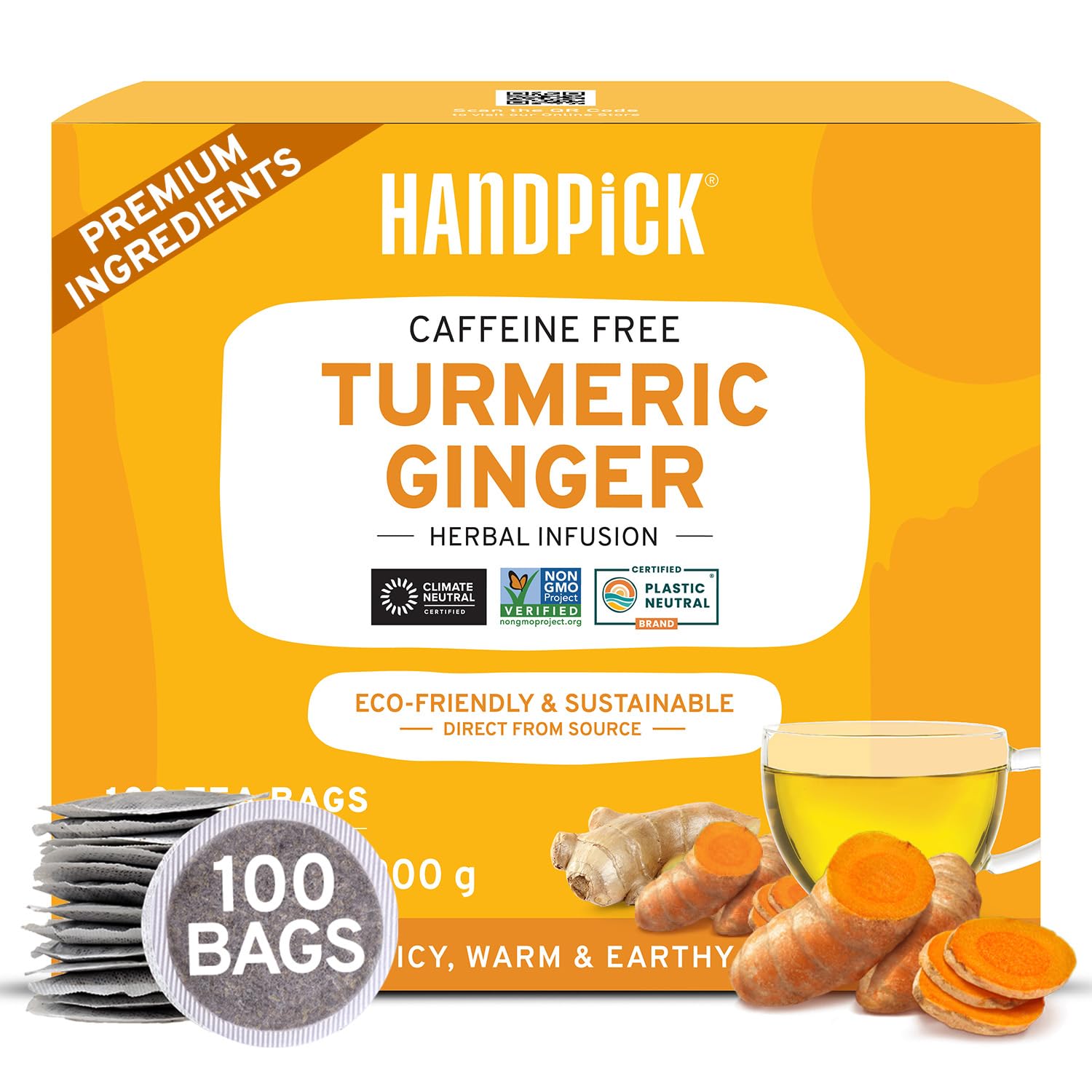 HANDPICK  Turmeric Ginger Tea  100 Eco-Conscious Tea Bags | Caffeine Free  Gluten Free | 100% Pure Herbal Blend - Savory & Spicy
